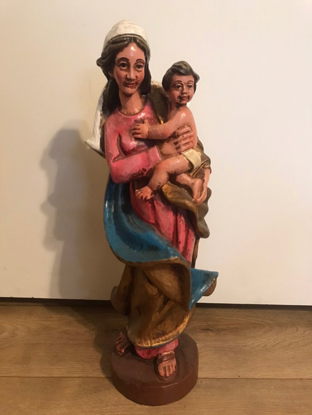 Spanish Antique Wood Carved Madonna And Child Statue Jesus Christian